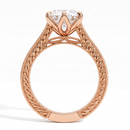 Round lab-grown diamond vintage filigree solitaire engagement ring in 18K (750) rose gold, profile view showing the gallery 