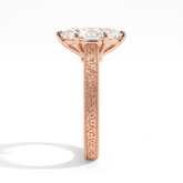 Marquise lab-grown diamond vintage engraved solitaire engagement ring in 14K (585) rose gold, close-up of the hand-engraved band 