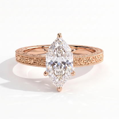 Marquise lab-grown diamond vintage engraved solitaire engagement ring in 14K (585) rose gold, front view 