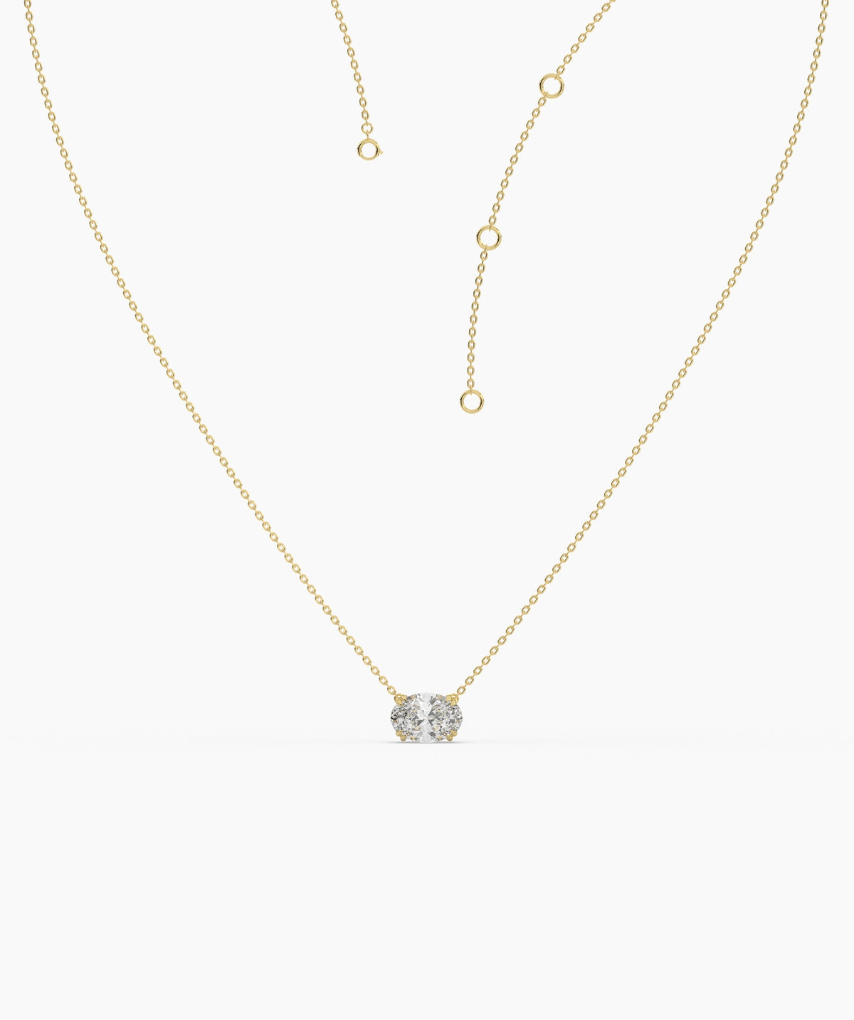 Noelia Solitär-Halskette mit quer gefasstem ovalem Labordiamanten aus 585 Gelbgold, Detail der verstellbaren Kette 