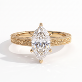 Marquise lab-grown diamond vintage engraved solitaire engagement ring in 18K (750) yellow gold, front view 