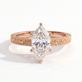 Marquise lab-grown diamond vintage engraved solitaire engagement ring in 18K (750) rose gold, front view 