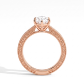 Marquise lab-grown diamond vintage engraved solitaire engagement ring in 18K (750) rose gold, close-up of the hand-engraved band 
