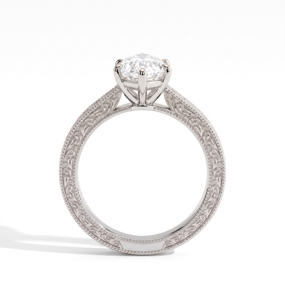 Marquise lab-grown diamond vintage engraved solitaire engagement ring in 18K (750) white gold, profile view showing the gallery 