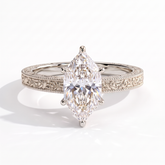 Marquise lab-grown diamond vintage engraved solitaire engagement ring in 18K (750) white gold, front view 