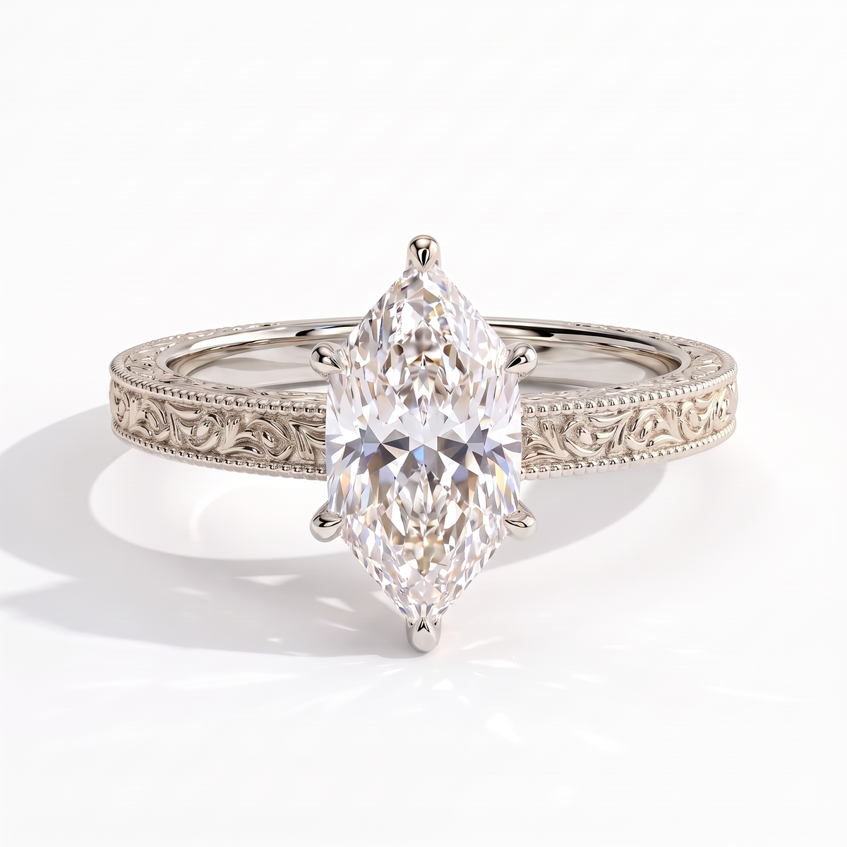 Marquise lab-grown diamond vintage engraved solitaire engagement ring in 18K (750) white gold, front view 