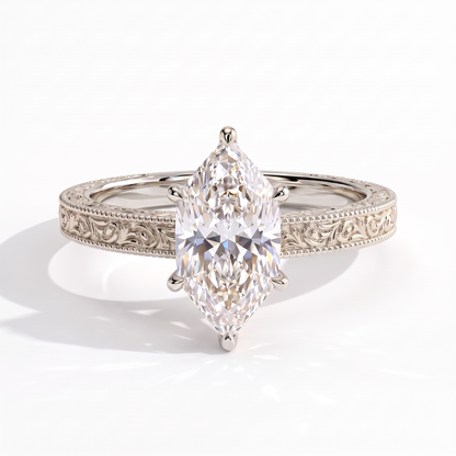 Marquise lab-grown diamond vintage engraved solitaire engagement ring in 18K (750) white gold, front view 