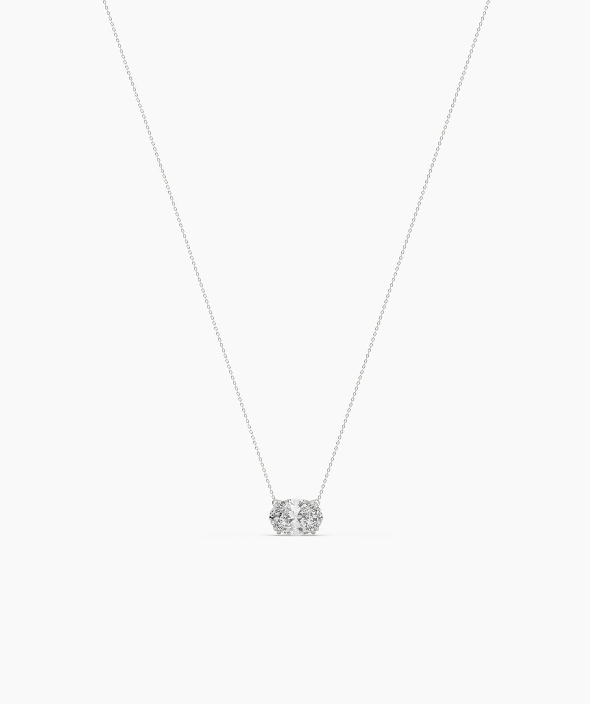 Noelia Solitär-Halskette mit quer gefasstem ovalem Labordiamanten aus 585 Weißgold, Ansicht der ganzen Kette 