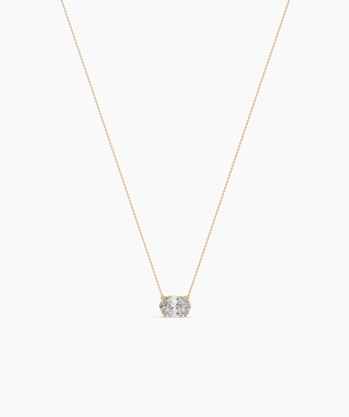 Noelia Solitär-Halskette mit quer gefasstem ovalem Labordiamanten aus 585 Roségold, Ansicht der ganzen Kette 