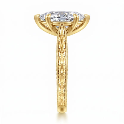Marquise lab-grown diamond vintage solitaire engagement ring with engraved wheat band in 14K (585) yellow gold, side view 