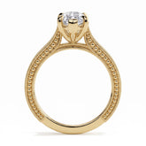 Marquise lab-grown diamond vintage solitaire engagement ring with engraved wheat band in 14K (585) yellow gold, profile view showing the gallery 