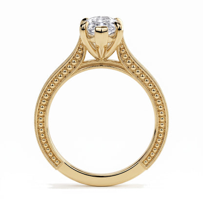 Marquise lab-grown diamond vintage solitaire engagement ring with engraved wheat band in 14K (585) yellow gold, profile view showing the gallery 
