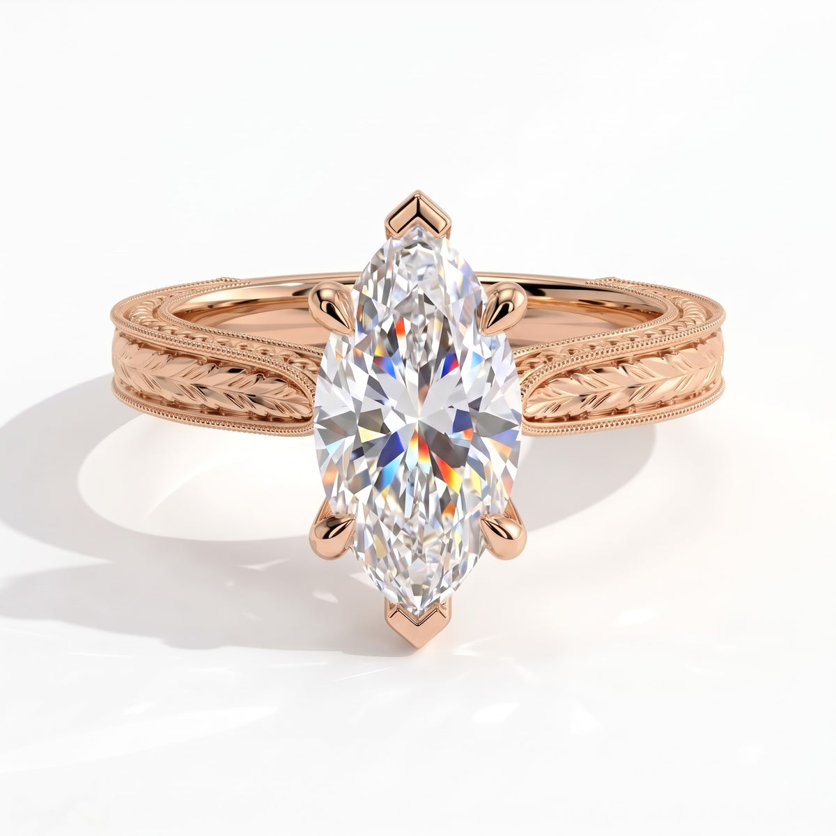 Marquise lab-grown diamond vintage solitaire engagement ring with engraved wheat band in 14K (585) rose gold, front view 