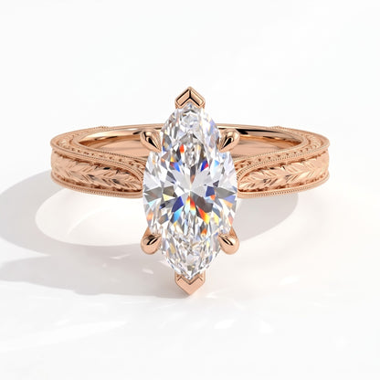 Marquise lab-grown diamond vintage solitaire engagement ring with engraved wheat band in 14K (585) rose gold, front view 