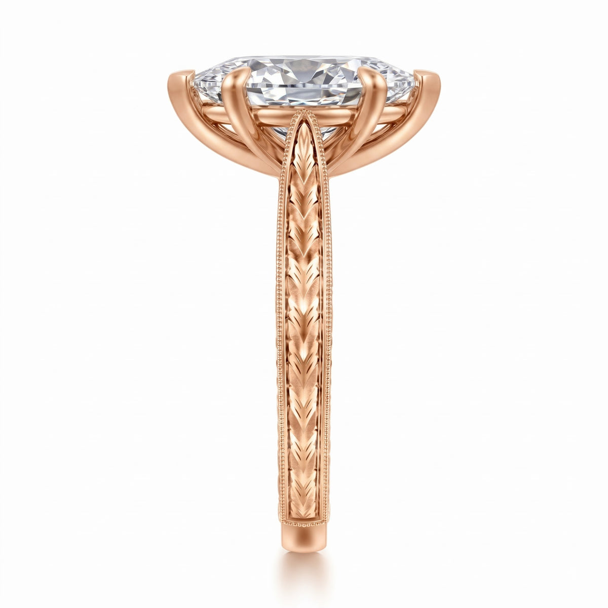 Marquise lab-grown diamond vintage solitaire engagement ring with engraved wheat band in 14K (585) rose gold, side view 