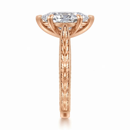Marquise lab-grown diamond vintage solitaire engagement ring with engraved wheat band in 14K (585) rose gold, side view 