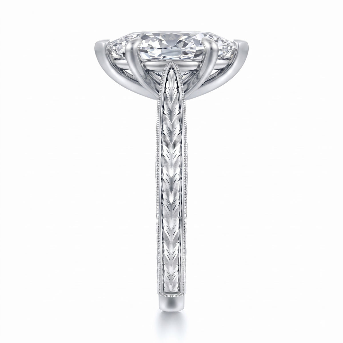 Marquise lab-grown diamond vintage solitaire engagement ring with engraved wheat band in 14K (585) white gold, side view 