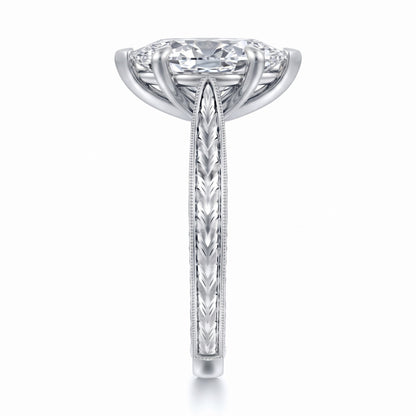 Marquise lab-grown diamond vintage solitaire engagement ring with engraved wheat band in 18K (750) white gold, side view 