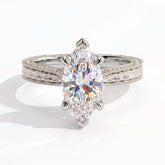 Marquise lab-grown diamond vintage solitaire engagement ring with engraved wheat band in 18K (750) white gold, front view 
