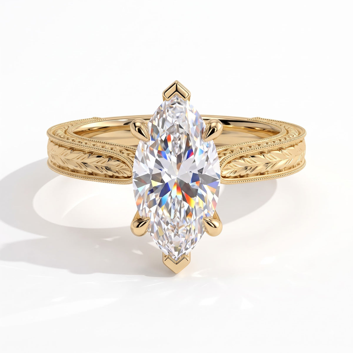 Marquise lab-grown diamond vintage solitaire engagement ring with engraved wheat band in 18K (750) yellow gold, front view 