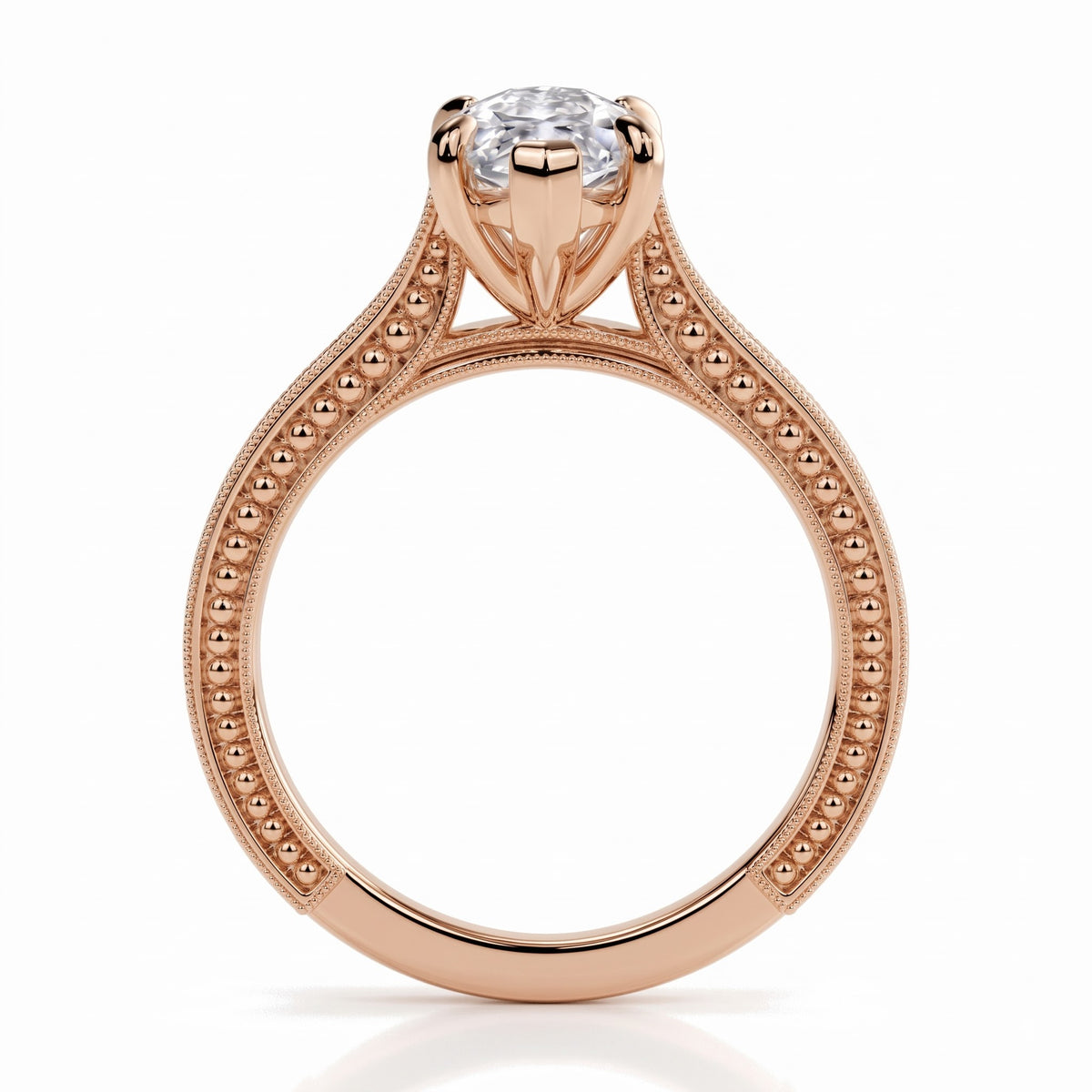 Marquise lab-grown diamond vintage solitaire engagement ring with engraved wheat band in 18K (750) rose gold, profile view showing the gallery 