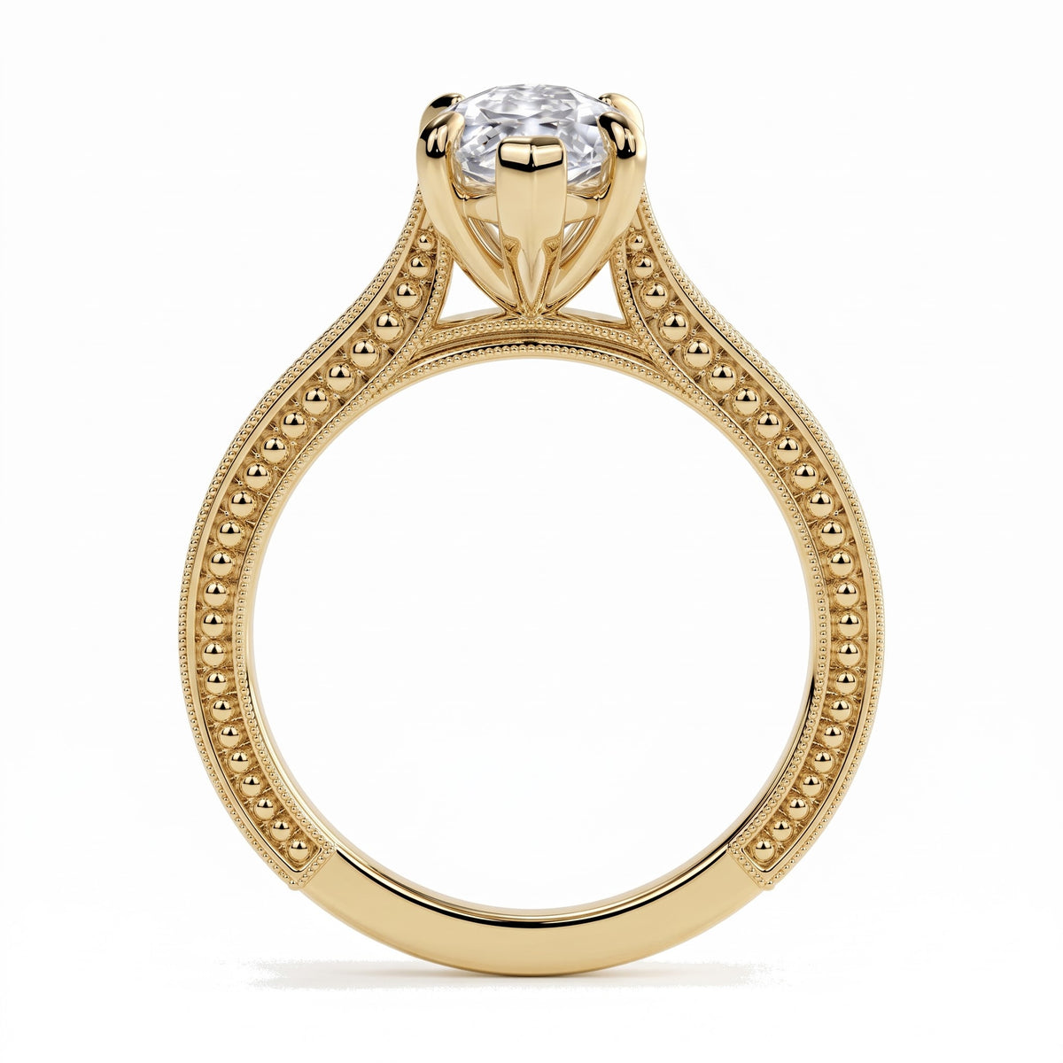 Marquise lab-grown diamond vintage solitaire engagement ring with engraved wheat band in 18K (750) yellow gold, profile view showing the gallery 