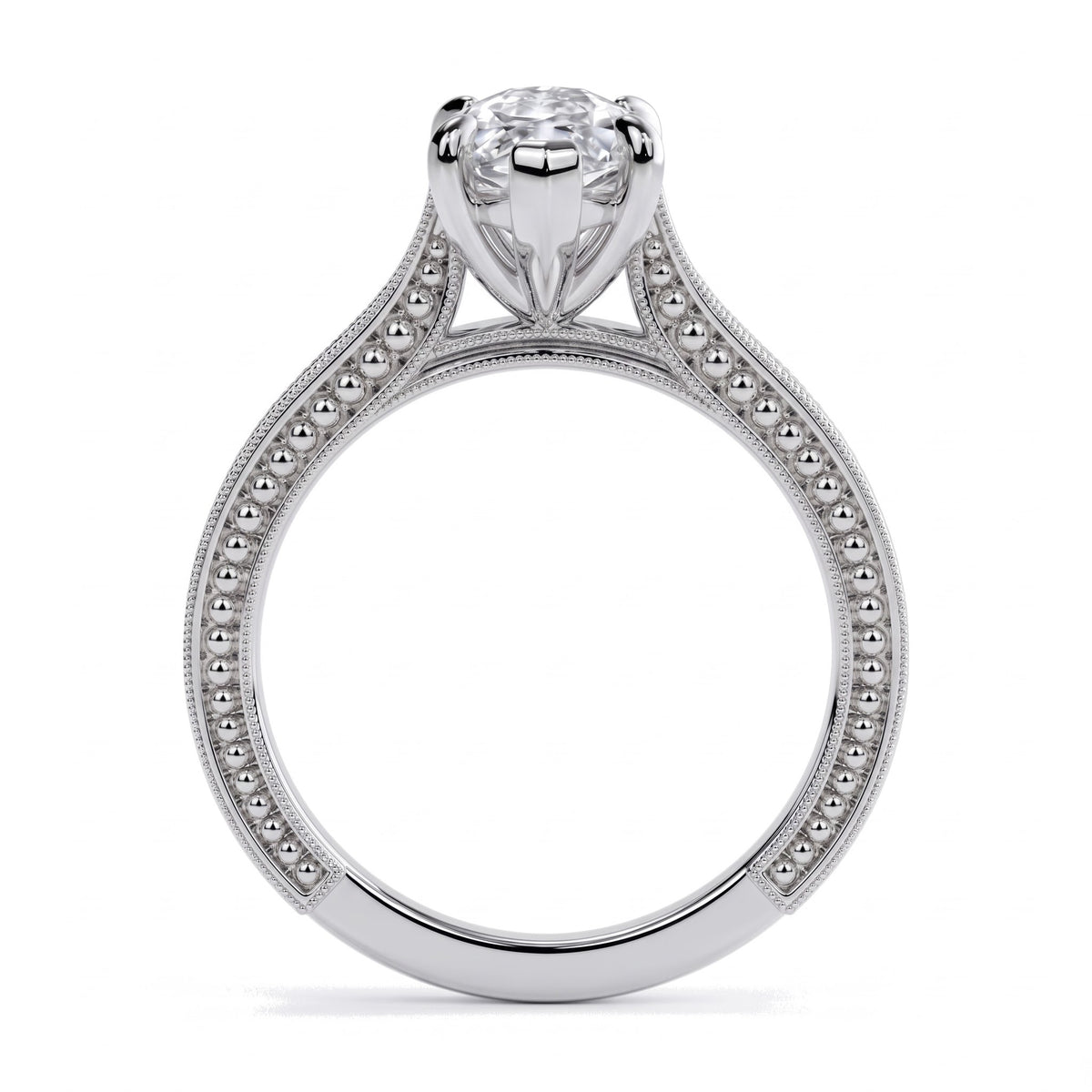 Marquise lab-grown diamond vintage solitaire engagement ring with engraved wheat band in 950 platinum, profile view showing the gallery 