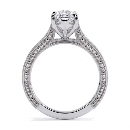 Marquise lab-grown diamond vintage solitaire engagement ring with engraved wheat band in 950 platinum, profile view showing the gallery 