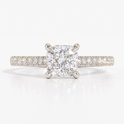 Square radiant cut lab-grown diamond engagement ring with pavé side stones in 14K (585) white gold, front view 