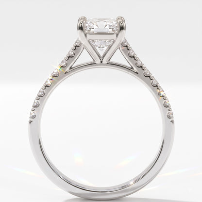 Square radiant cut lab-grown diamond engagement ring with pavé side stones in 14K (585) white gold, upright profile view 