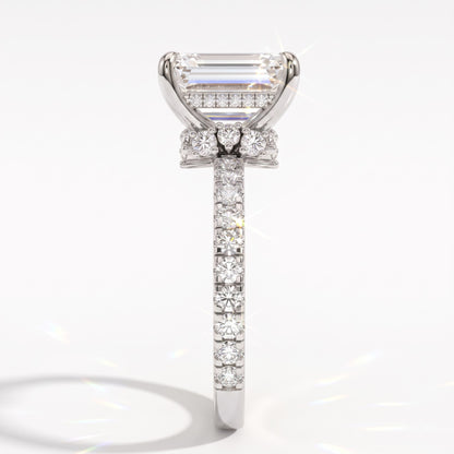 Emerald cut lab-grown diamond hidden halo collar engagement ring with pavé band in 14K (585) white gold, side view 