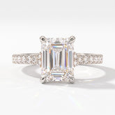 Emerald cut lab-grown diamond hidden halo collar engagement ring with pavé band in 14K (585) white gold, front view 