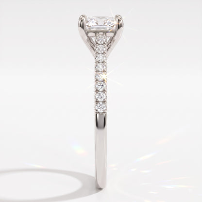 Square radiant cut lab-grown diamond engagement ring with pavé side stones in 18K (750) white gold, side view 