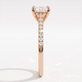 Square radiant cut lab-grown diamond engagement ring with pavé side stones in 18K (750) rose gold, side view 