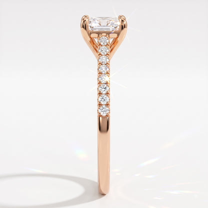 Square radiant cut lab-grown diamond engagement ring with pavé side stones in 18K (750) rose gold, side view 