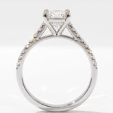 Square radiant cut lab-grown diamond engagement ring with pavé side stones in 950 platinum, upright profile view 