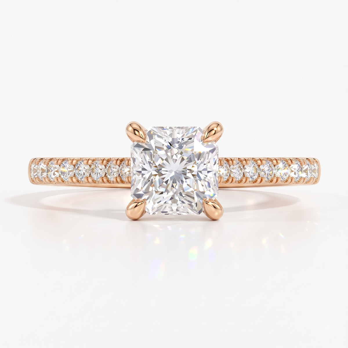 Square radiant cut lab-grown diamond engagement ring with pavé side stones in 18K (750) rose gold, front view 