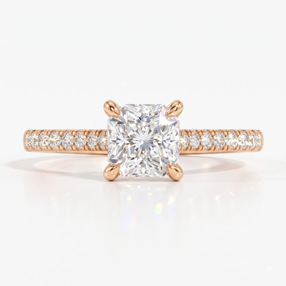 Square radiant cut lab-grown diamond engagement ring with pavé side stones in 18K (750) rose gold, front view 