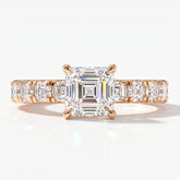 Asscher cut lab-grown diamond engagement ring with Asscher side stones in 14K (585) rose gold, front view 