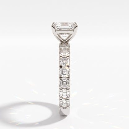 Asscher cut lab-grown diamond engagement ring with Asscher side stones in 14K (585) white gold, side view 