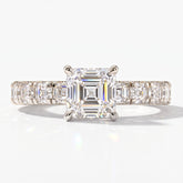 Asscher cut lab-grown diamond engagement ring with Asscher side stones in 14K (585) white gold, front view 
