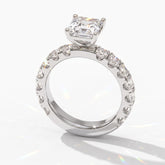 Asscher cut lab-grown diamond engagement ring with Asscher side stones in 14K (585) white gold, angled view 
