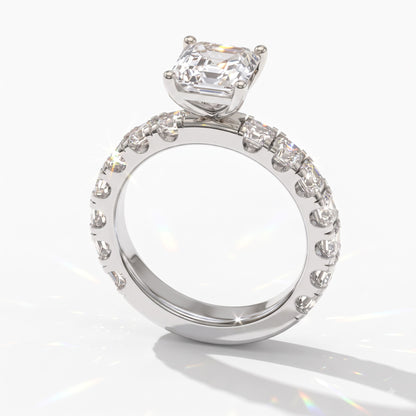 Asscher cut lab-grown diamond engagement ring with Asscher side stones in 14K (585) white gold, angled view 