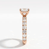 Asscher cut lab-grown diamond engagement ring with Asscher side stones in 18K (750) rose gold, side view 