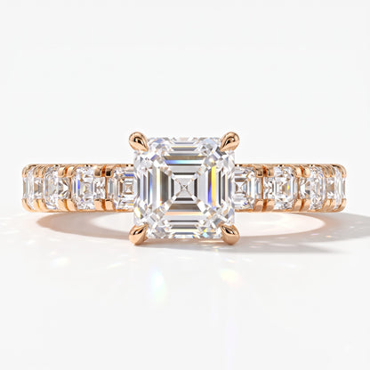 Asscher cut lab-grown diamond engagement ring with Asscher side stones in 18K (750) rose gold, front view 