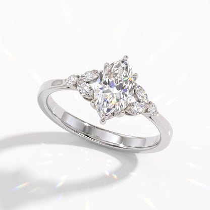 Marquise cut lab-grown diamond leaf cluster engagement ring with marquise and round accents in 14K (585) white gold, angled view 