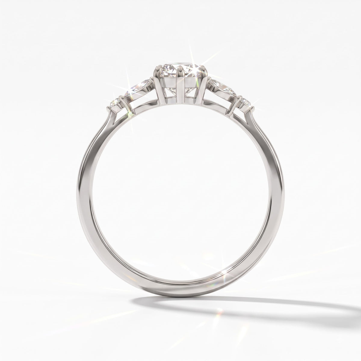 Marquise cut lab-grown diamond leaf cluster engagement ring with marquise and round accents in 14K (585) white gold, upright profile view 