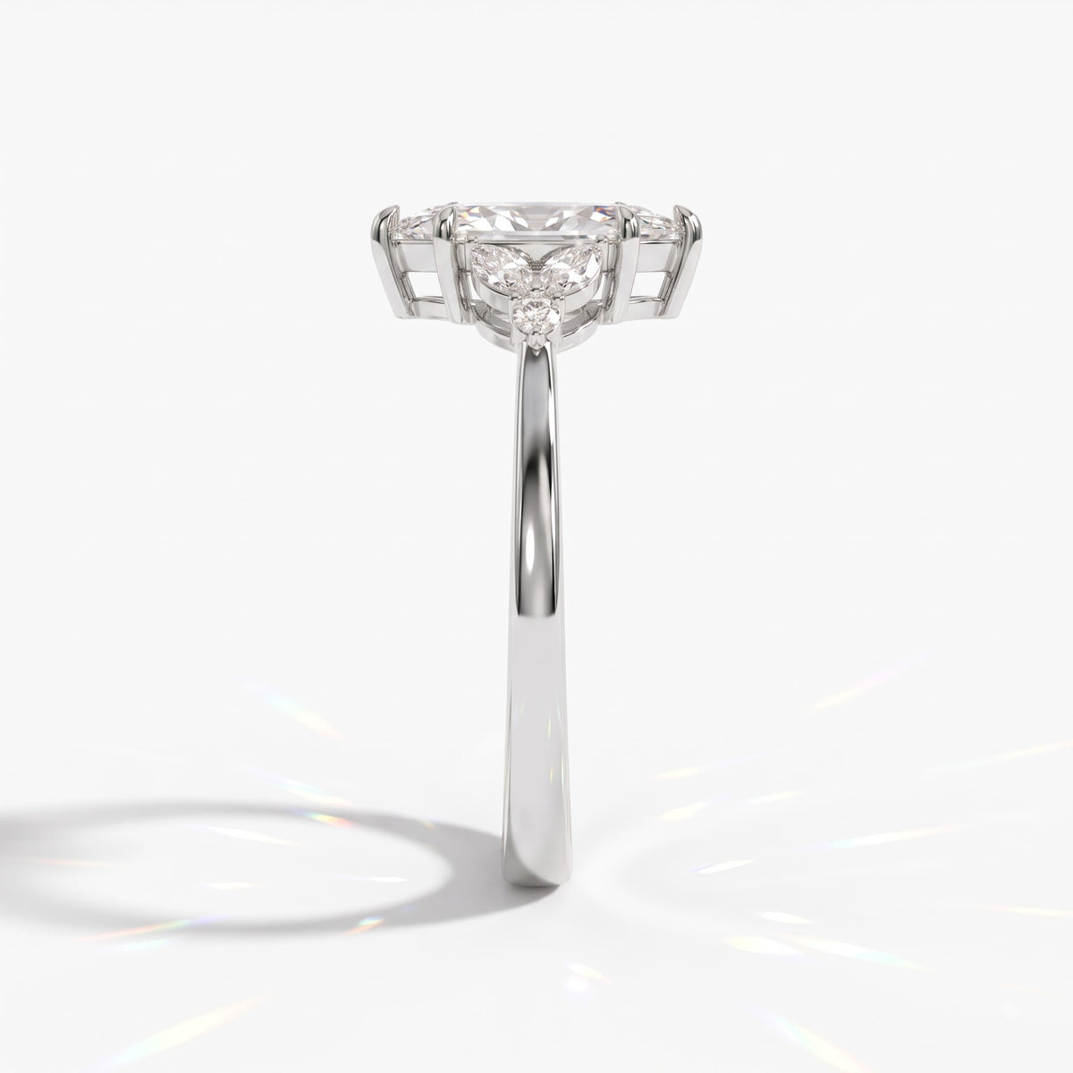 Marquise cut lab-grown diamond leaf cluster engagement ring with marquise and round accents in 14K (585) white gold, side view 