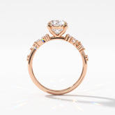 Oval lab-grown diamond cluster engagement ring with marquise and round leaf accents in 14K (585) rose gold, upright profile view 