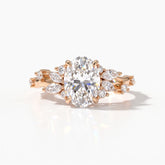Oval lab-grown diamond cluster engagement ring with marquise and round leaf accents in 14K (585) rose gold, front view 